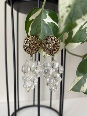 Vintage Babylone Inspired Gold-Top Clear Bead Cluster Drop Earrings